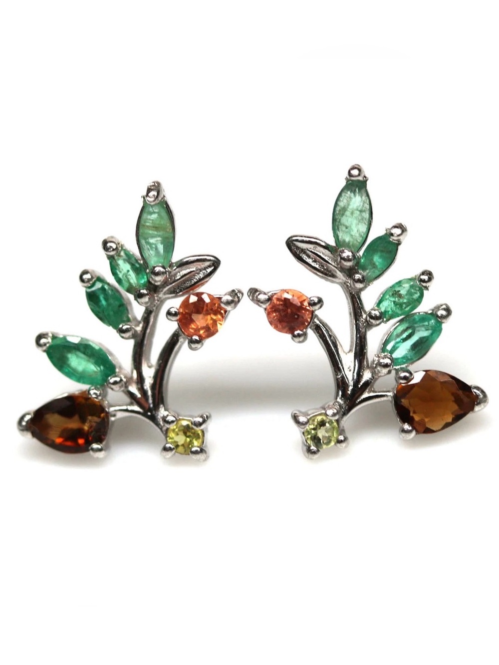 Natural Emerald, Tourmaline & Sapphire 925 Sterling Silver Leaf Stud Earrings